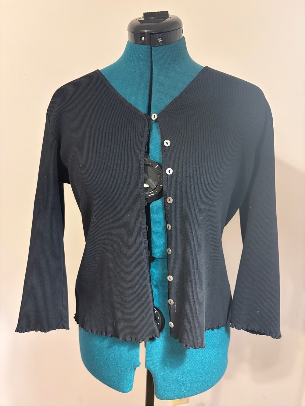 Black Ribbed Button-Front Cardigan